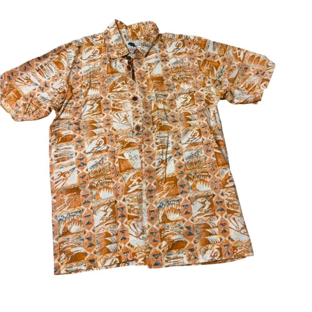 Kahala | Hawaiian Tropical Kids' Orange Patterned Button Down Shirt Short Sleeve